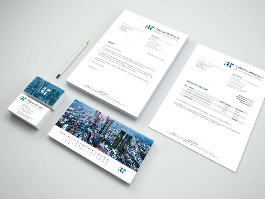 Briefpapier, Rechnungsvorlage, Visitenkarten und Kalender im Corporate Design der Personalberatung Hofmann-Beratung