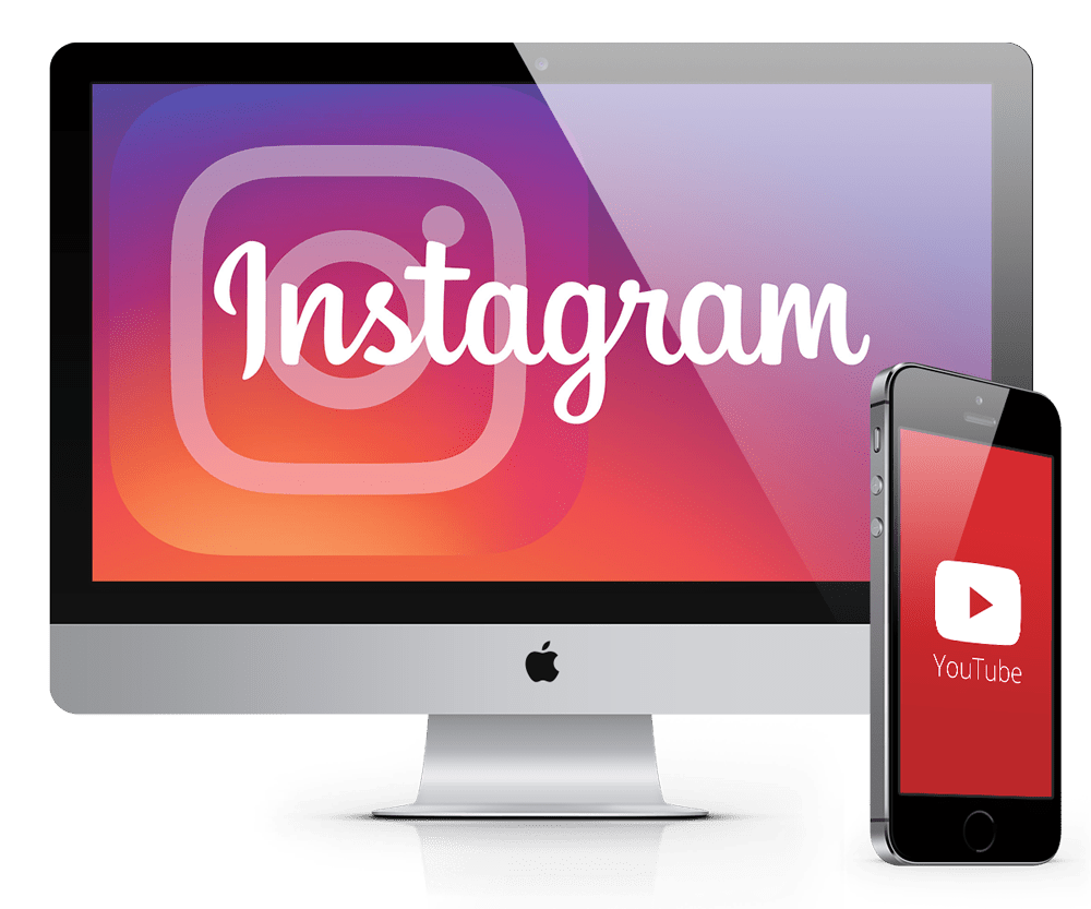 Logo des sozialen Netzwerks Instagram auf einem iMac Display und ein iPhone mit dem Logo der Videostreaming-Plattform Youtube