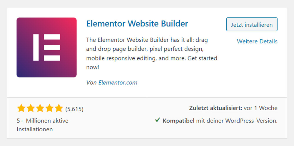 Ansicht des Elementor-Plugins im WordPress-Repository