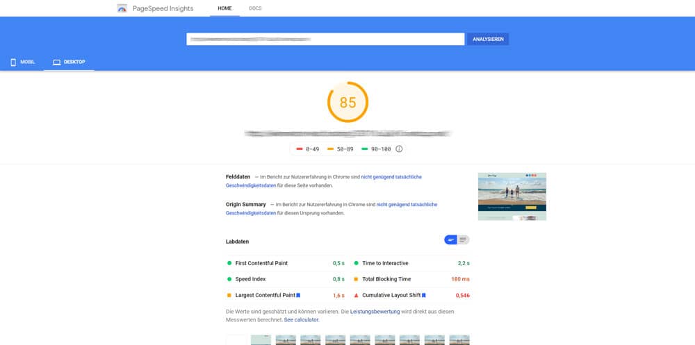 Ergebnis des Speed-Tests Google PageSpeed Insights für die Desktop-Ansicht einer Website mit installiertem Elementor-Plugin und einem Performance-Plugin