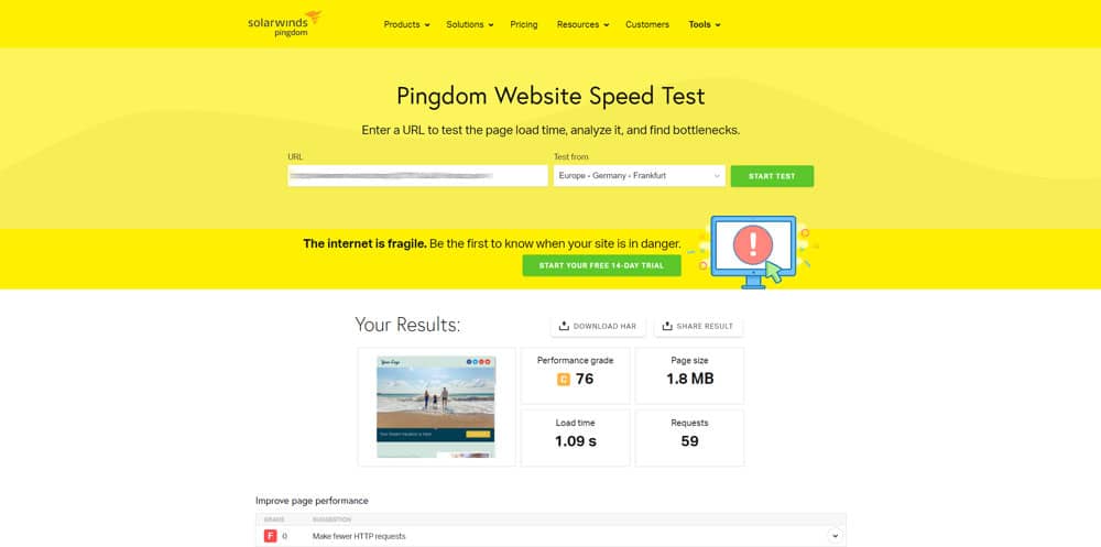 Ergebnis des Speed-Tests Pingdom für eine Website mit installiertem Elementor-Plugin