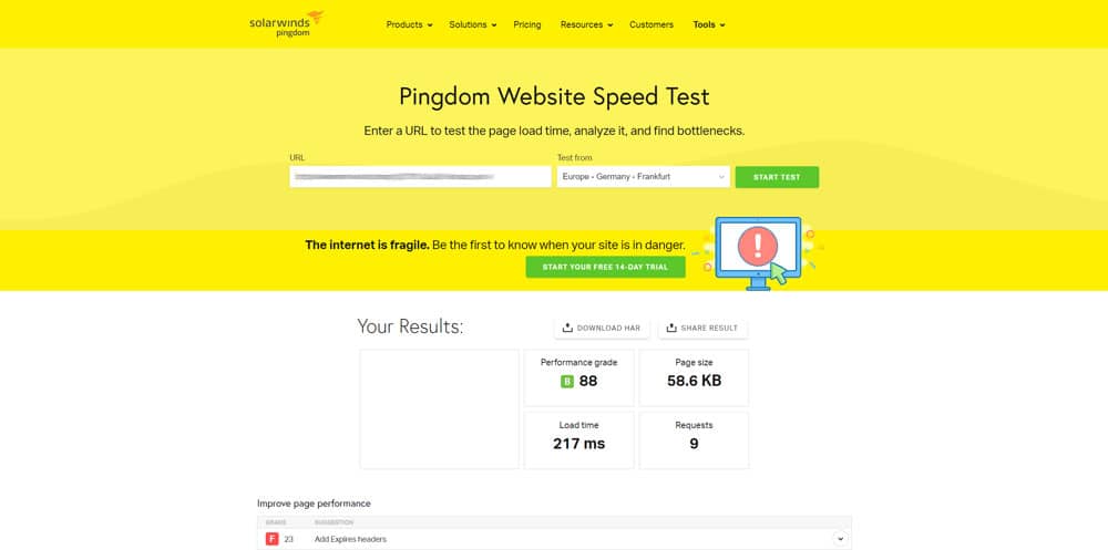 Ergebnis des Speed-Tests Pingdom für eine Website ohne installiertes Elementor-Plugin