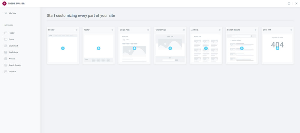 Ansicht des neuen Theme Builders von Elementor