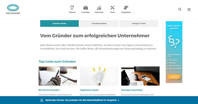 Startseite der Website Für-Gründer.de