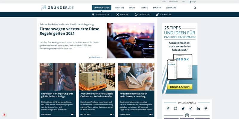 Startseite der Website Gründer.de