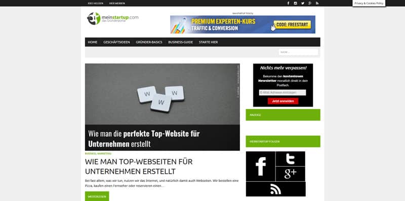 Startseite der Website Meinstartup.com