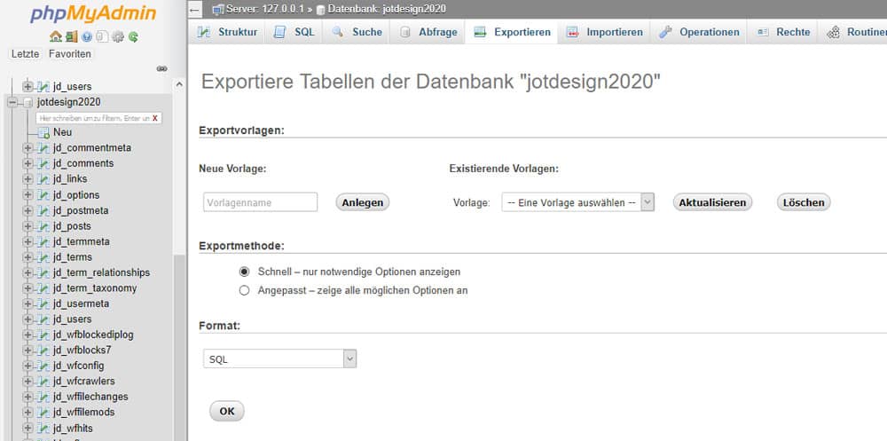 Datenbank exportieren mit dem Datenbanktool phpmyadmin