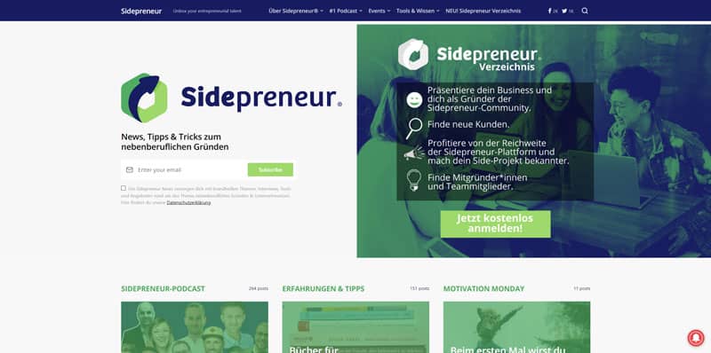 Startseite der Website Sidepreneur.de