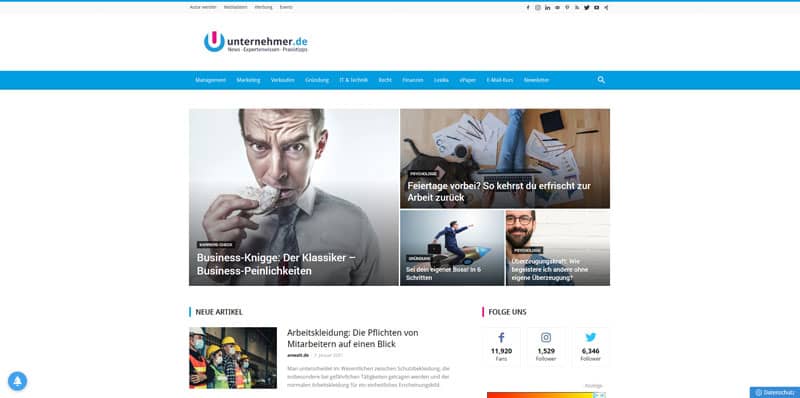 Startseite der Website Unternehmer.de