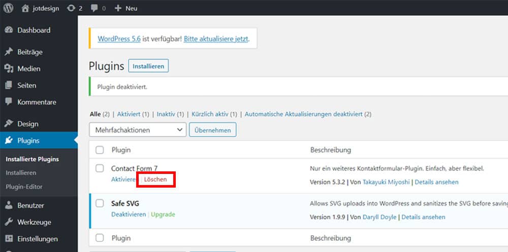 Wordpress Plugin im Dashboard löschen